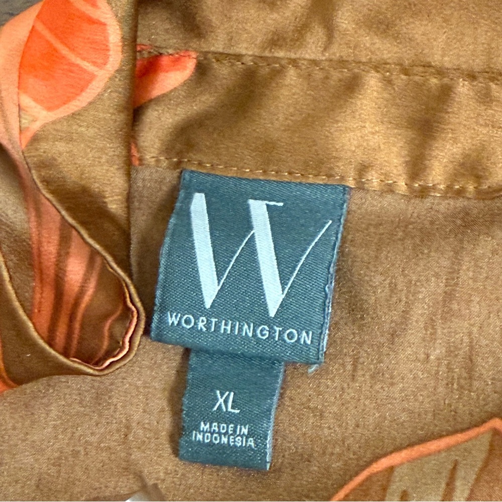 Worthington XL Satin Blouse Brown Orange Floral Button Down Long Sleeve Top - Picture 6 of 8